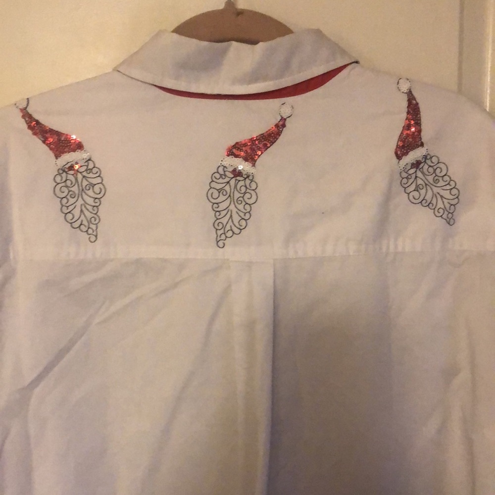 Pre owned Christmas white button up with embellishments of Santa!